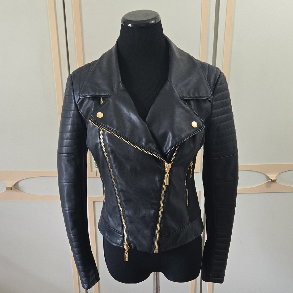 Bisou Bisou Black Motorcycle Jacket with Gold Hardware, Padded Sleeve, Sexy, SM